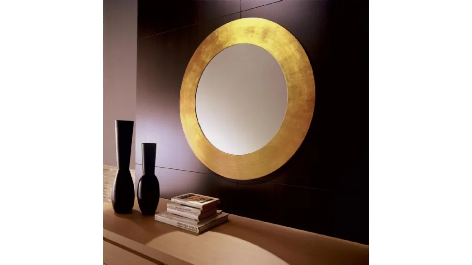 Specchio rotondo Vanity con cornice in legno finitura Foglia Oro di Milanomondo