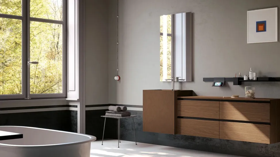 Mobile da Bagno sospeso finitura impiallacciato Rovere Fiammato Castagna Linea 08 di Archeda