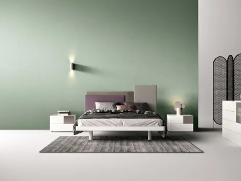 Letto matrimoniale E02 Mondrian Pad e Alfa con testiera asimmetrica rivestita in tessuto di Mercantini