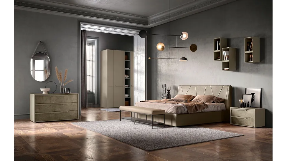 Letto in tessuto imbottito con testiera G06 Lotus e Omega di Mercantini