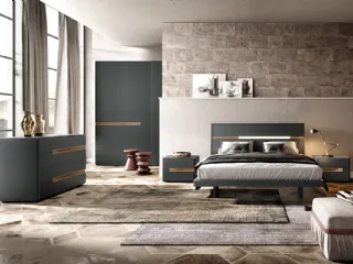Letto con testiera S01 Run e Alfa in laccato opaco con inserto in legno di Mercantini