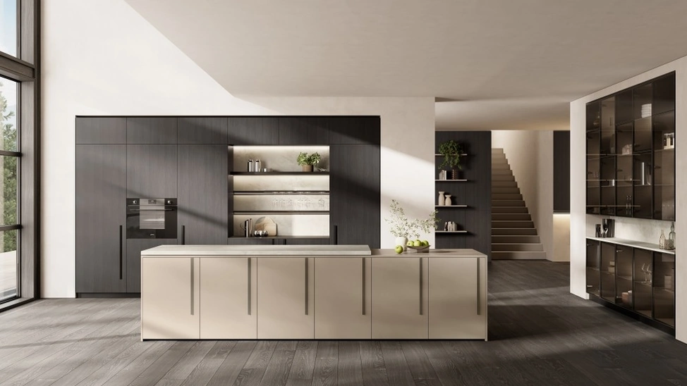 Cucina Moderna con isola Stilo 06 in decorativo, laminato e vetro di Scavolini