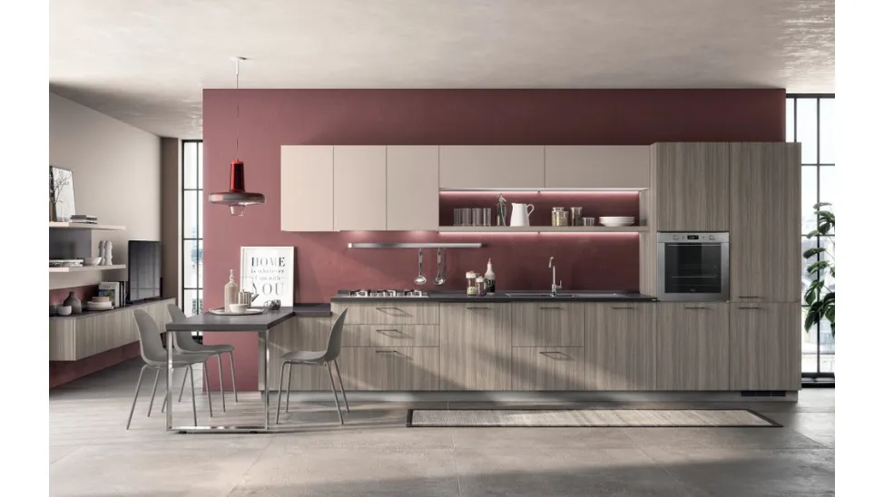 Cucina Moderna lineare con penisola Urban & Urban in decorativo Eucalipto Taj e decorativo Sabbia Easy di Scavolini