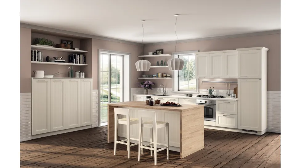 Cucina lineare Shabby Chic Colony in laccato Bianco opaco a doghe di Scavolini